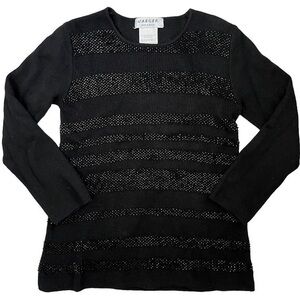 Jaeger London Vintage Black Wool Beaded Stripes Women’s Pullover Sweater